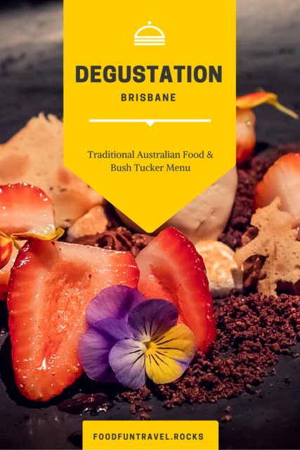 Degustation Brisbane with native Australian bush tucker ingredients. Modern Australian food degustation: kangaroo, emu, bush lemons, damper, possum and more